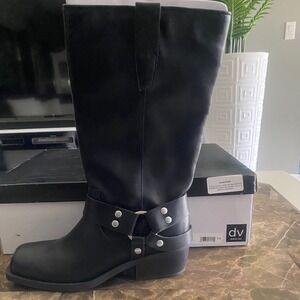 DV Dolce Vita Tanzy Tall Harness Boots Black Square Toe Moto Biker Womens 7.5